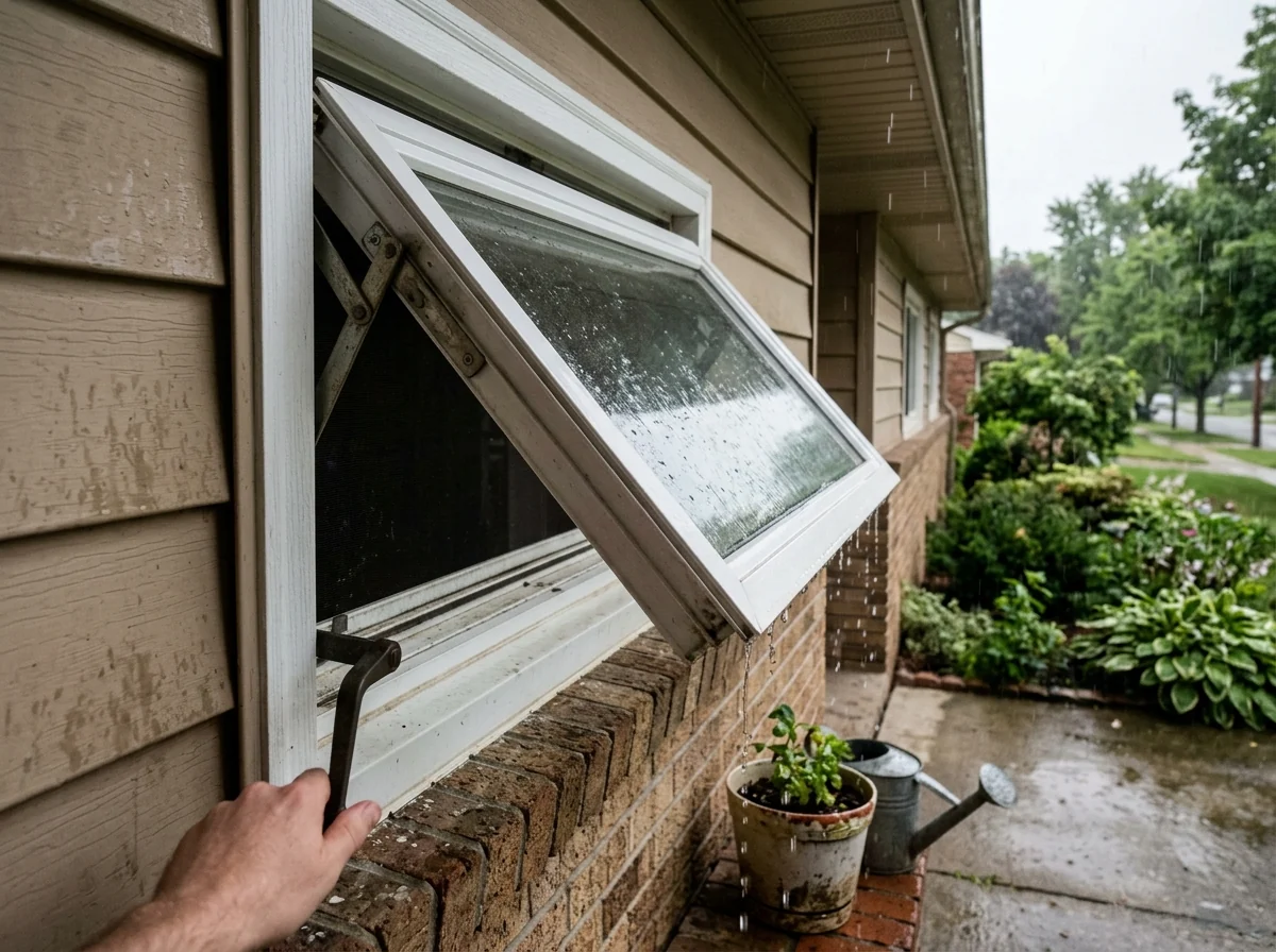 Wide vinyl awning window open at the bottom on a crank arm, sheltering the opening on a rainy day
