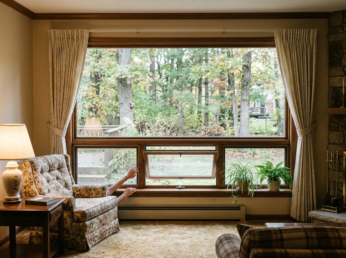 Large fixed picture window with a row of awning windows joined beneath it in a living room wall