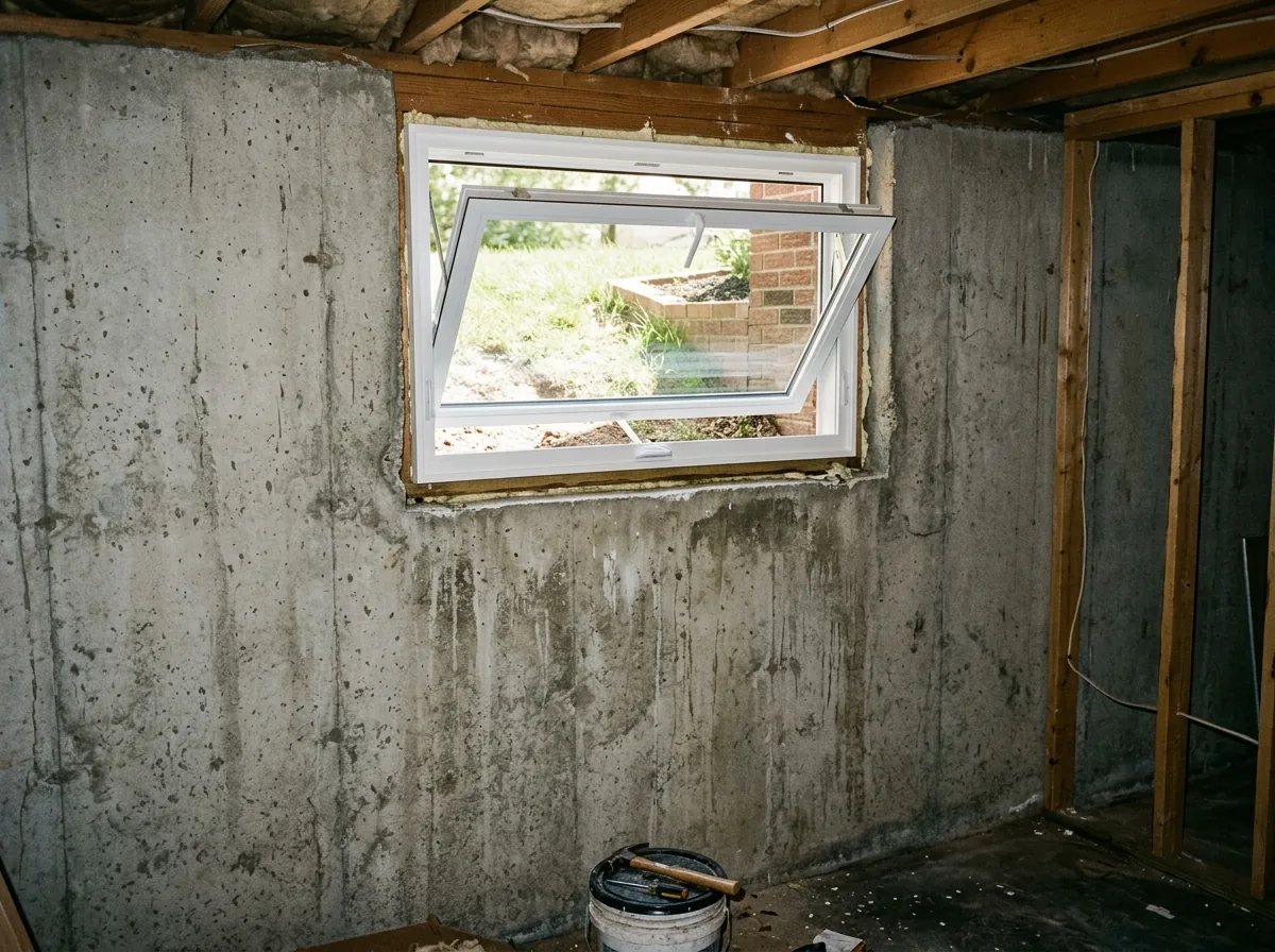 New white vinyl hopper window tilted open inward at the top, set in a poured concrete basement wall