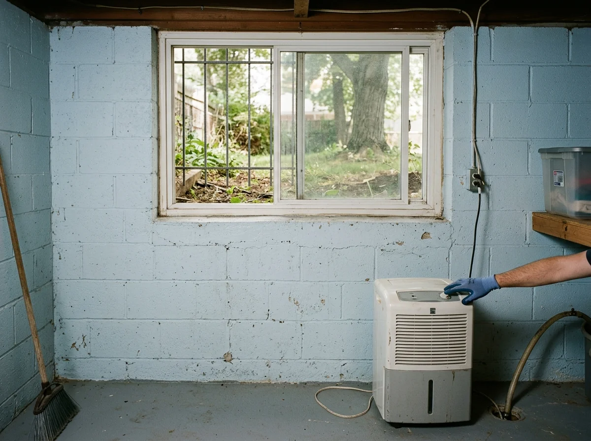 Two-pane vinyl sliding window in a block basement wall with the left sash open and a dehumidifier below