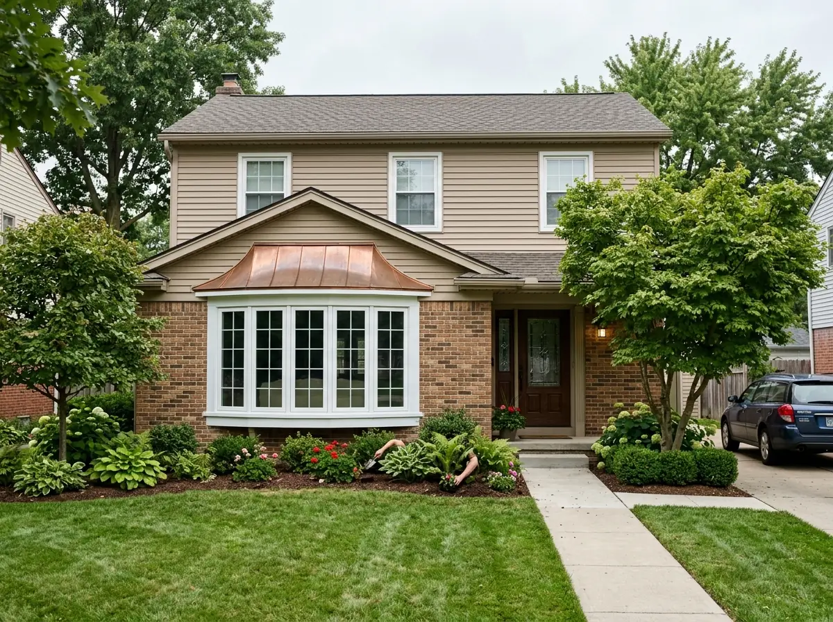 Five-lite bow window curving out from the living room wall of a two-story colonial, with a copper-colored roof above