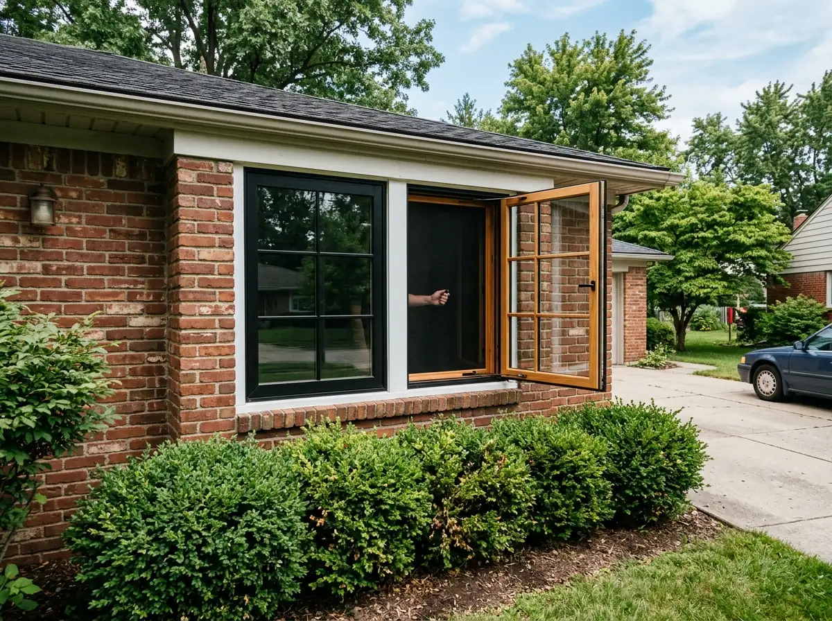 Black aluminum-clad wood casement windows on the outside of a brick house with natural wood visible inside the open sash