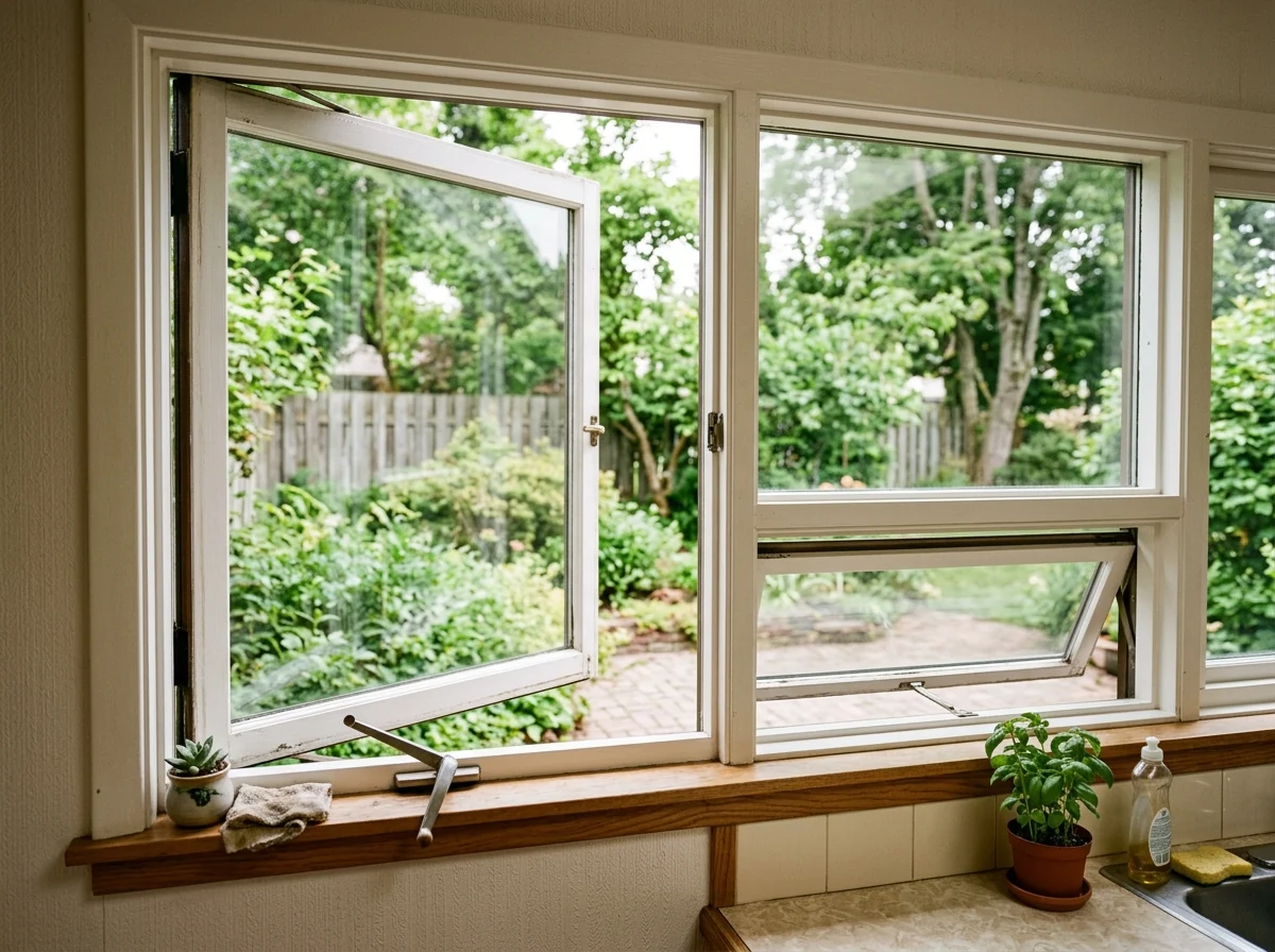 Casement window cranked open beside a fixed pane, with an awning window below