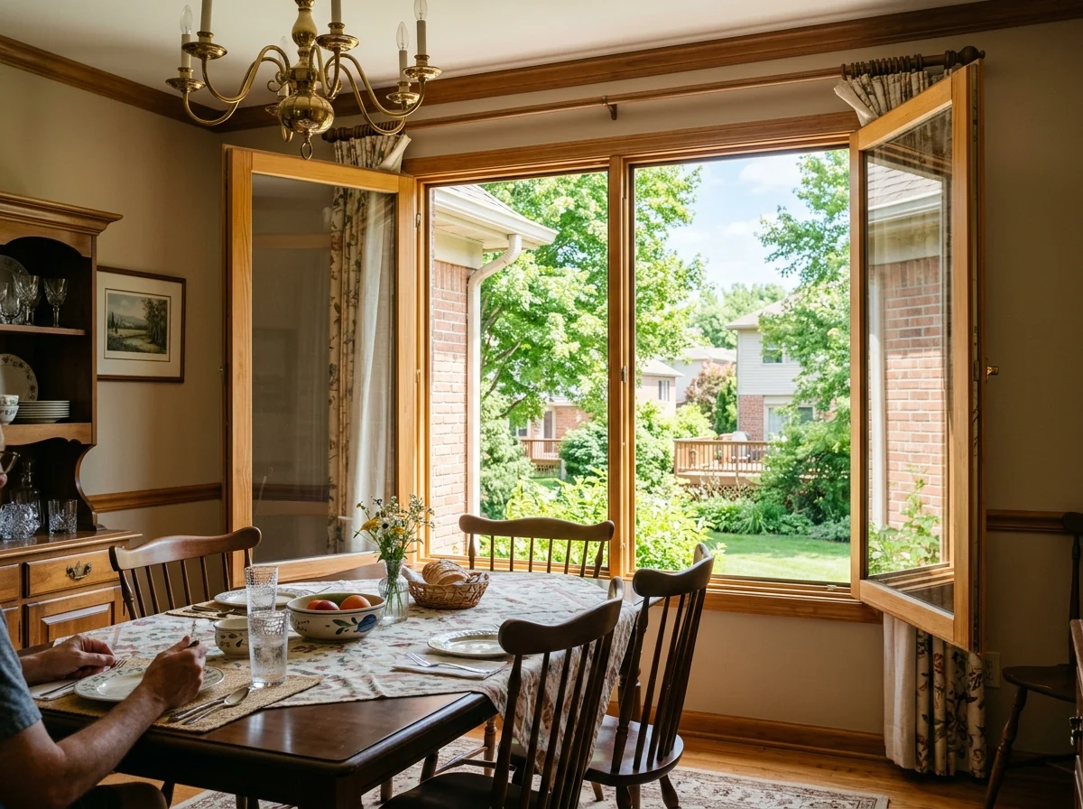 Pair of tall wood-interior French casement windows swung fully open with no center post between them