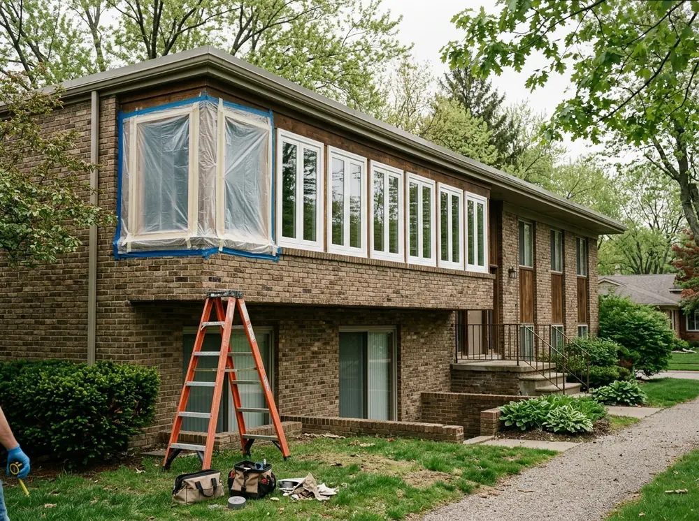 Two-story brick apartment building with a row of new white vinyl windows and one opening still covered in plastic sheeting