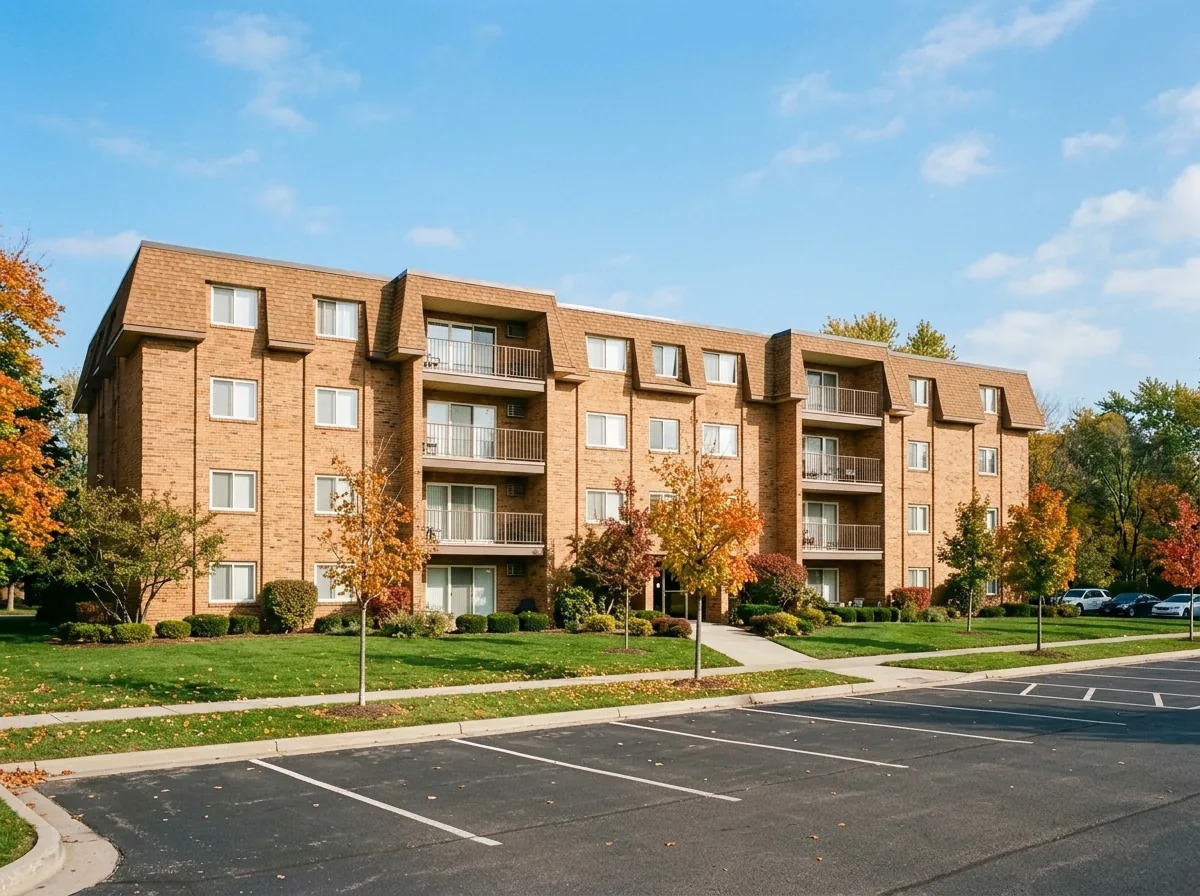 Three-story brick mid-rise condominium building with stacked balconies and rows of identical windows