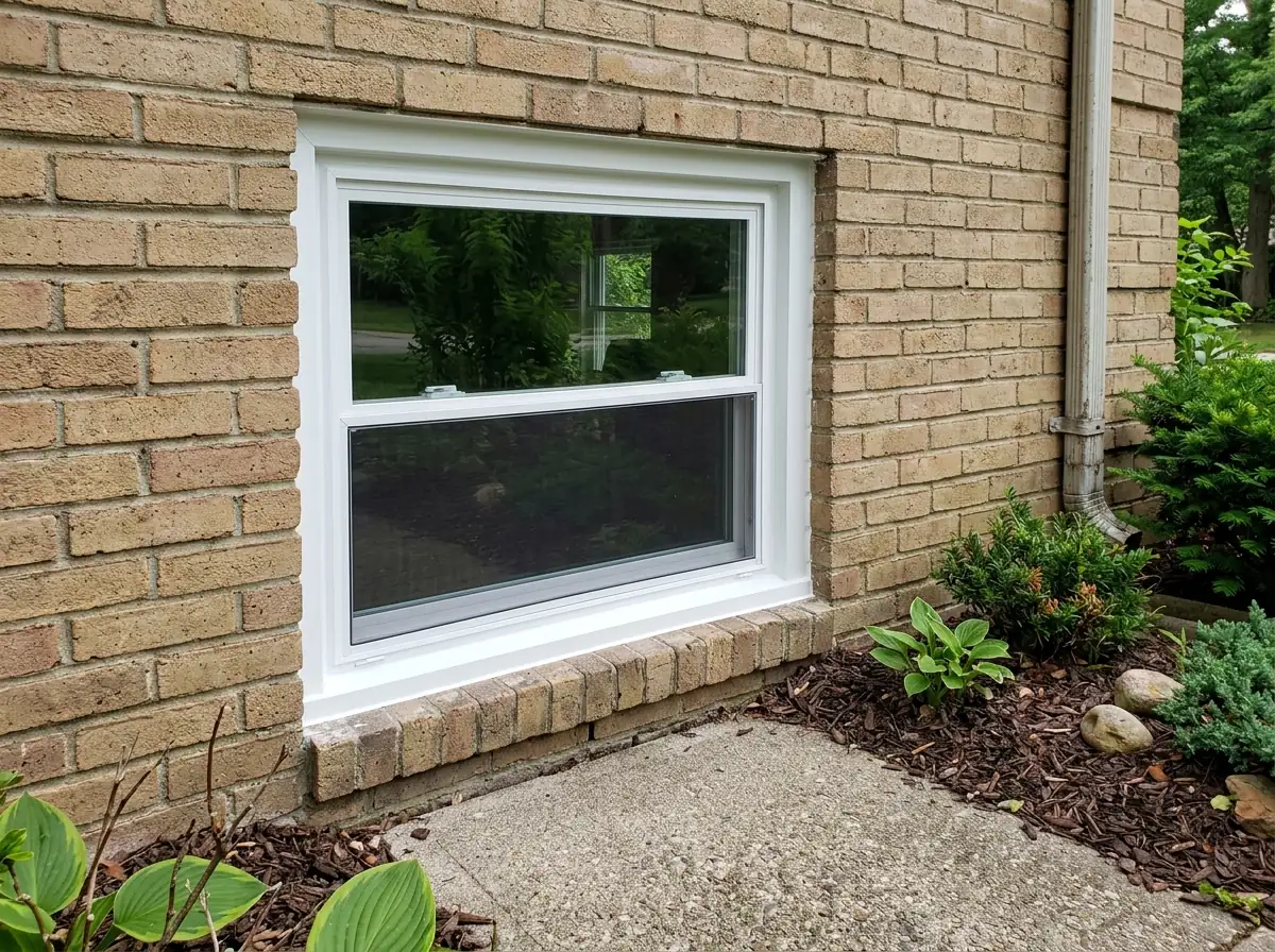 Single-hung window with a fixed upper sash and the lower sash raised a few inches, set in a brick wall beside a ground-floor walkway
