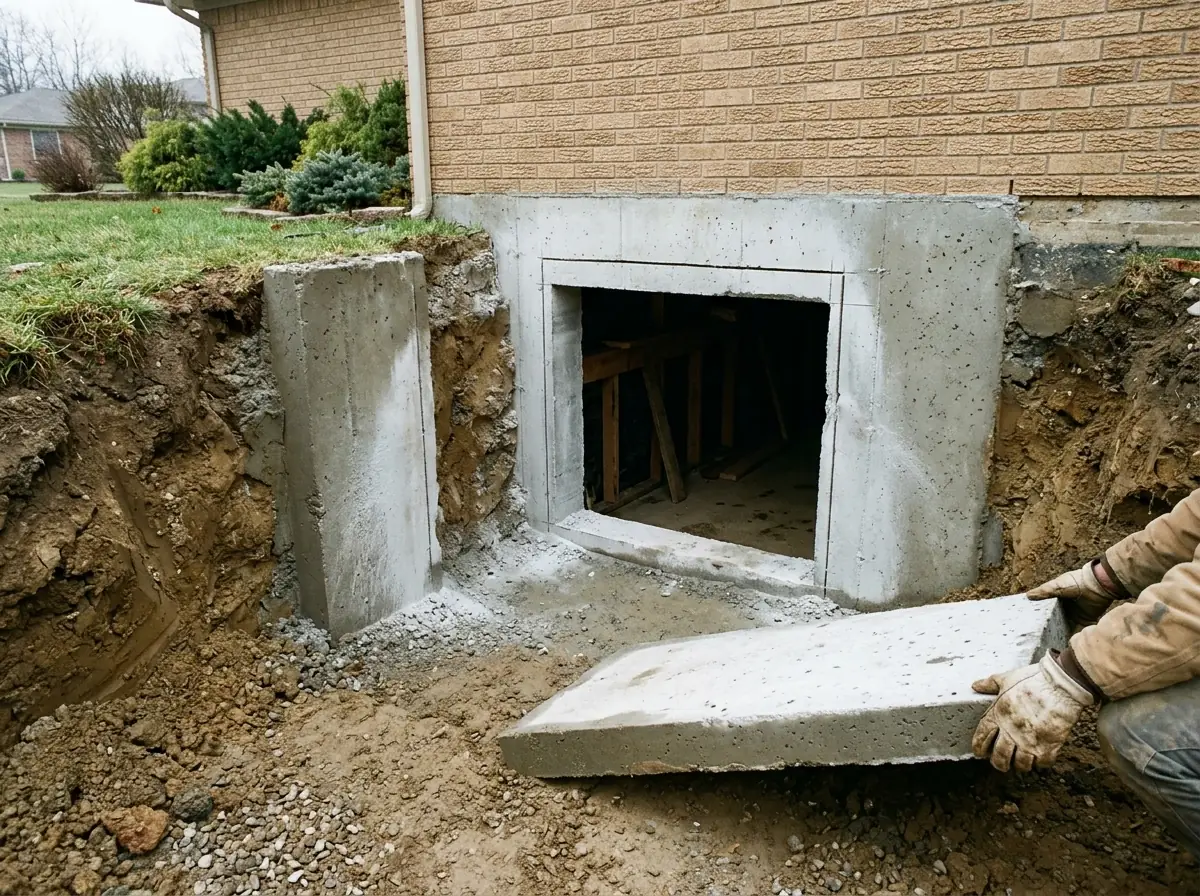 Rectangular opening freshly saw-cut through a poured concrete basement wall, with a cut slab of concrete on the ground in the excavated pit