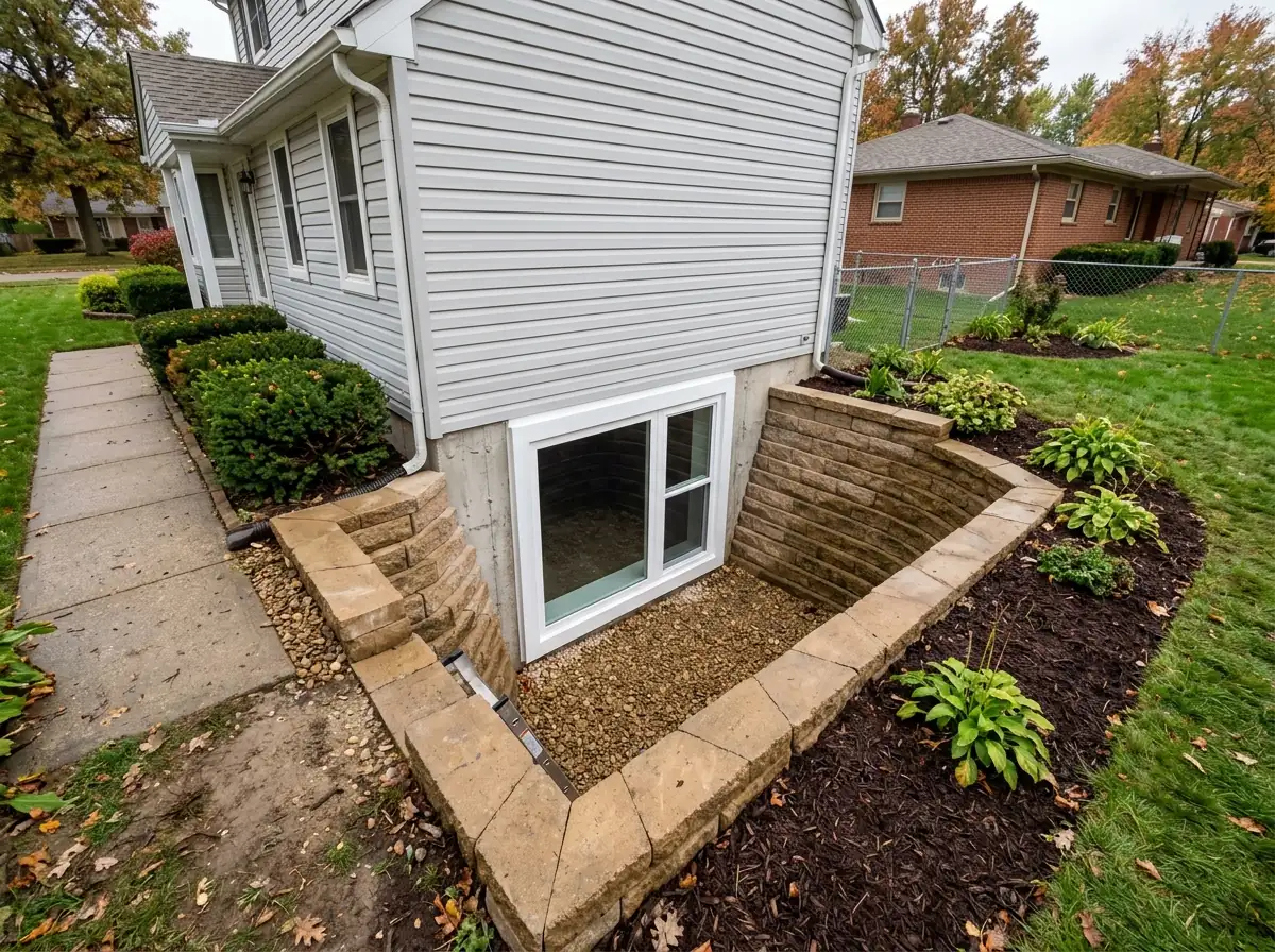 Large basement egress casement window inside a terraced window well built from stone blocks