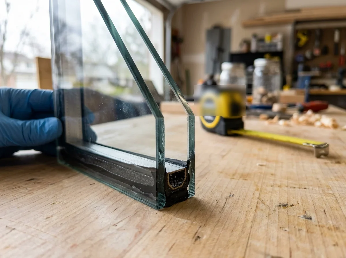 Cutaway corner of a double-pane window unit showing the spacer between the two panes of glass