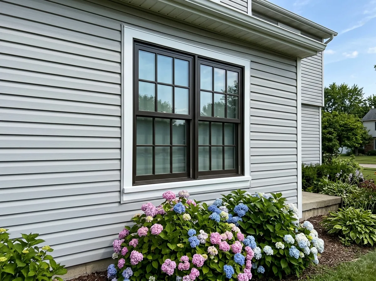 Dark bronze fiberglass double-hung window on a light grey sided house with white trim