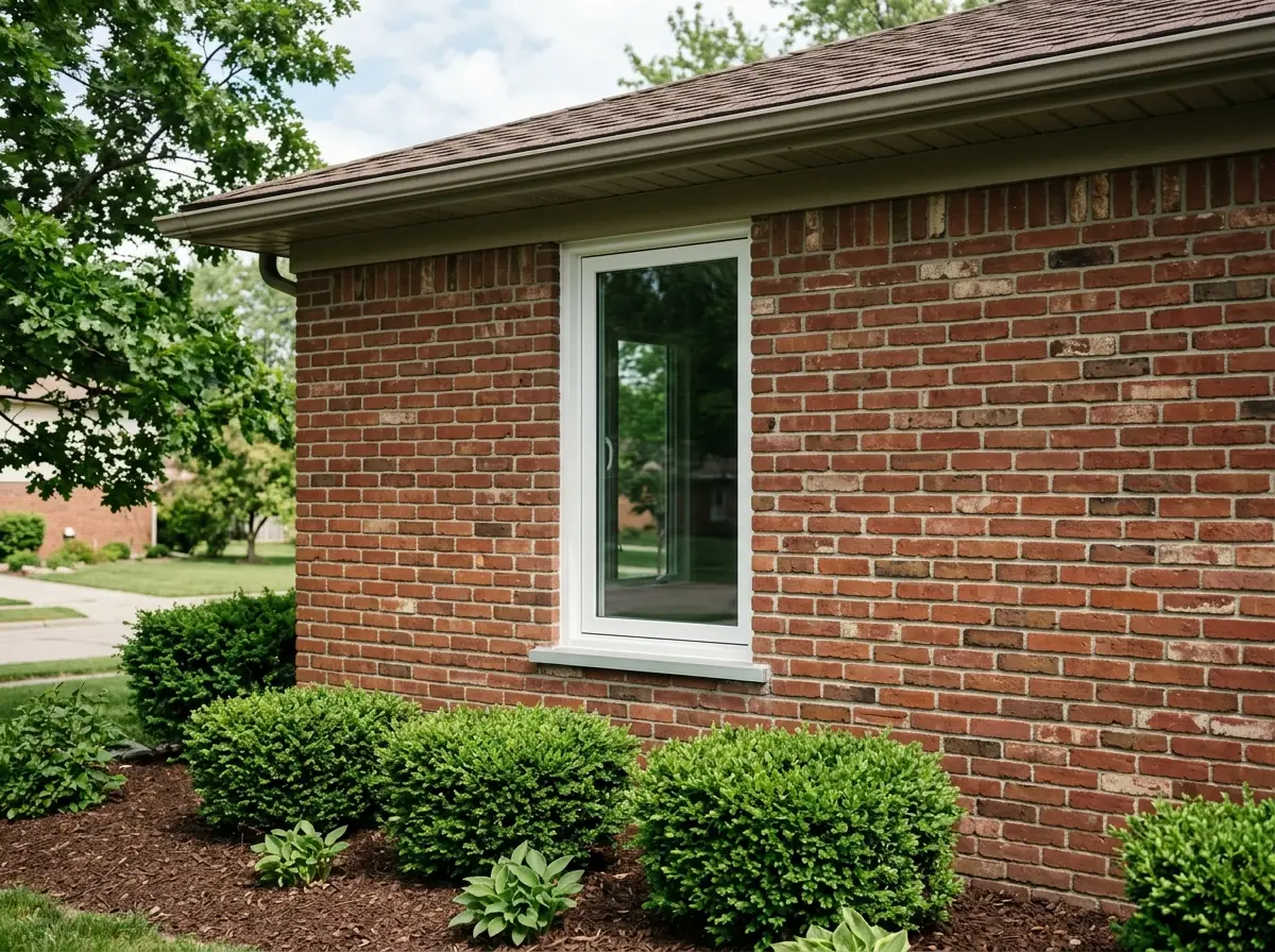 White fiberglass casement window with a slim frame installed in a brick wall, seen from outside