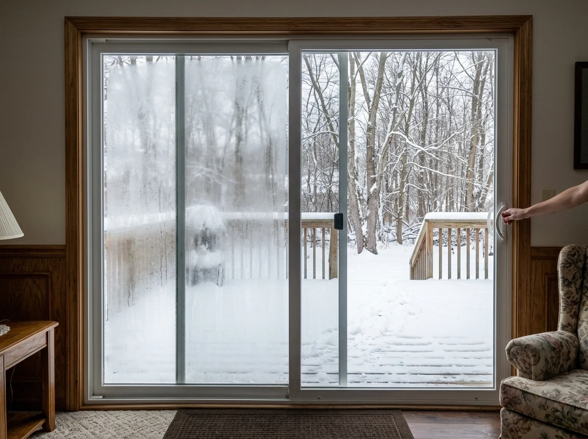 Two-panel sliding patio door with a hazy, fogged fixed glass panel beside a clear operable panel, snow on the deck outside
