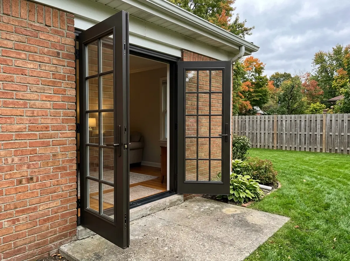 Pair of dark-framed out-swing French patio doors opened outward onto a small concrete patio