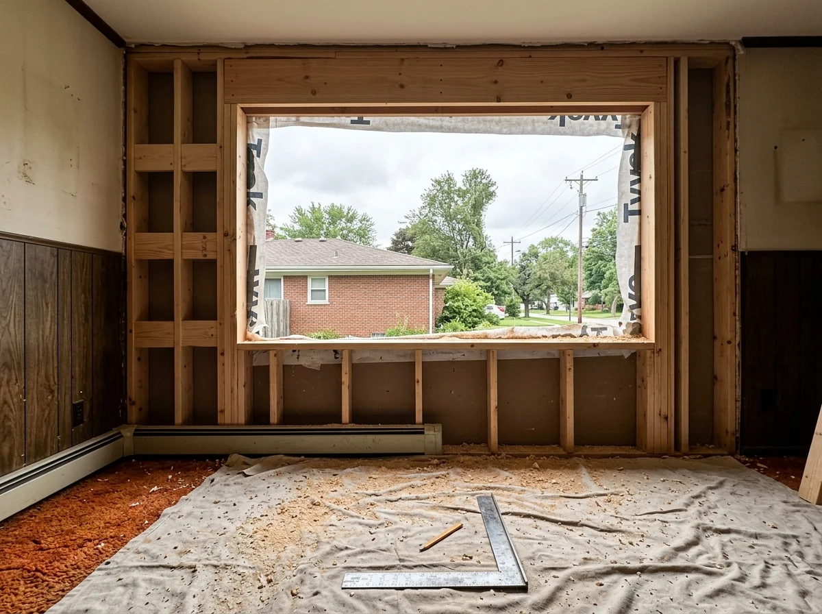Wall framing around a widened window opening with a new header and fresh lumber blocking on one side