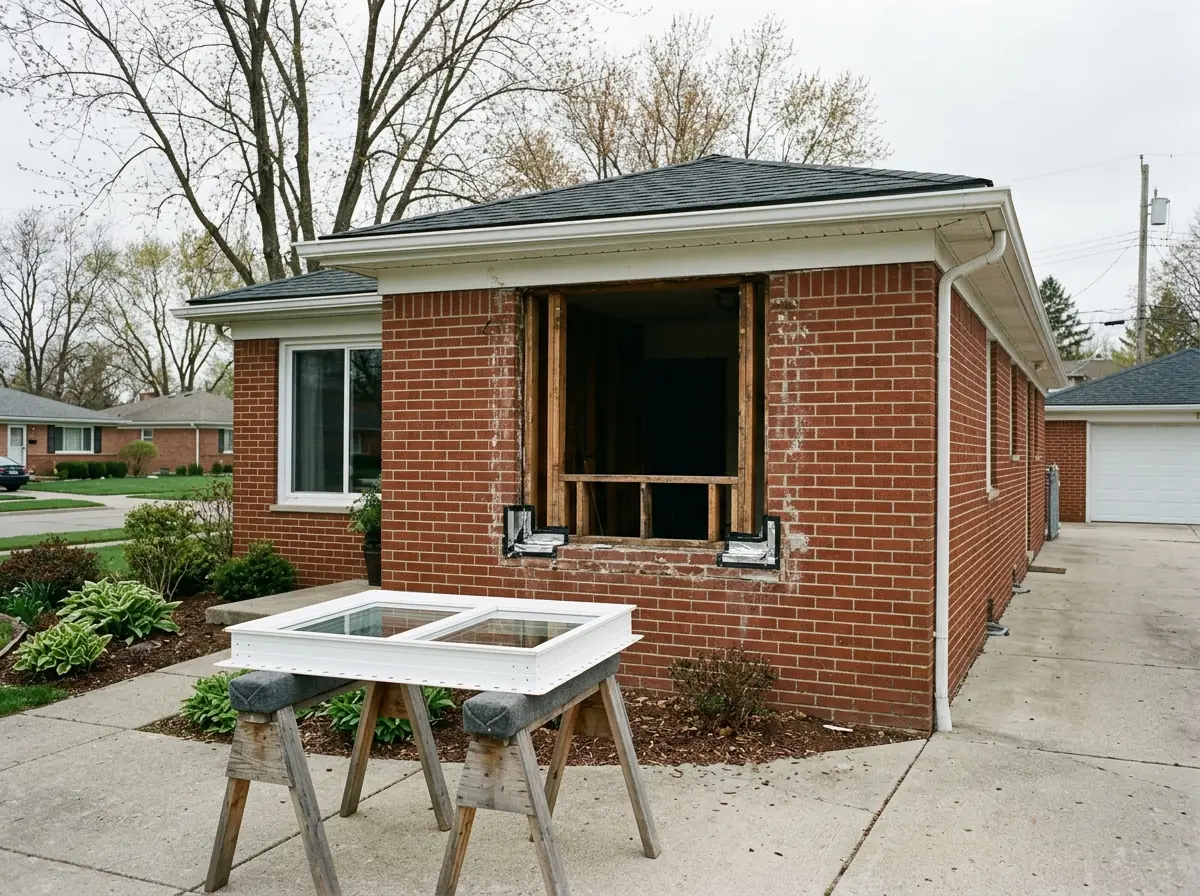 Window opening stripped to the rough framing with a new vinyl window waiting on sawhorses beside a brick ranch house