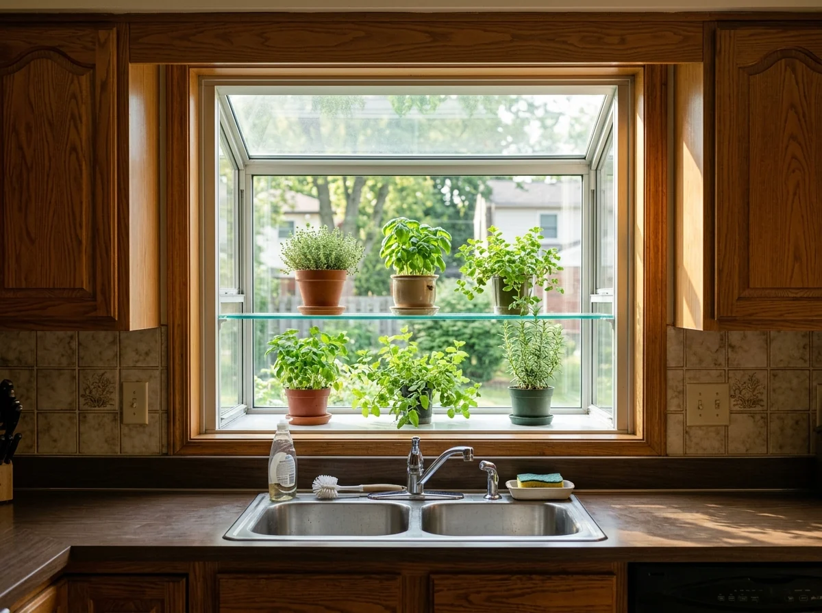 Box-shaped garden window projecting over a kitchen sink with herbs on a glass shelf and sun through the sloped top