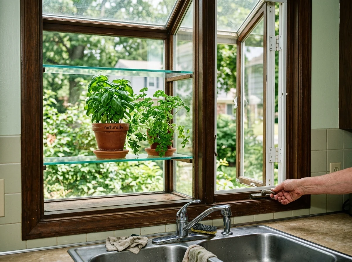 Close view of a garden window side panel cranked open for ventilation, with potted basil on the shelf