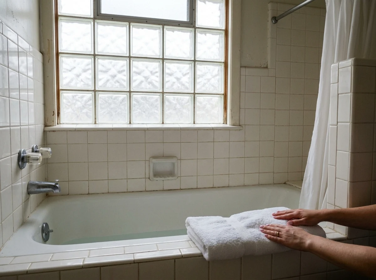 Glass block window above a bathtub with frosted ice-pattern blocks letting soft light into a tiled bathroom