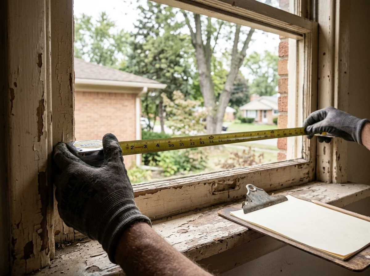 Hands holding a tape measure across the inside of an old wood window frame with the sashes removed