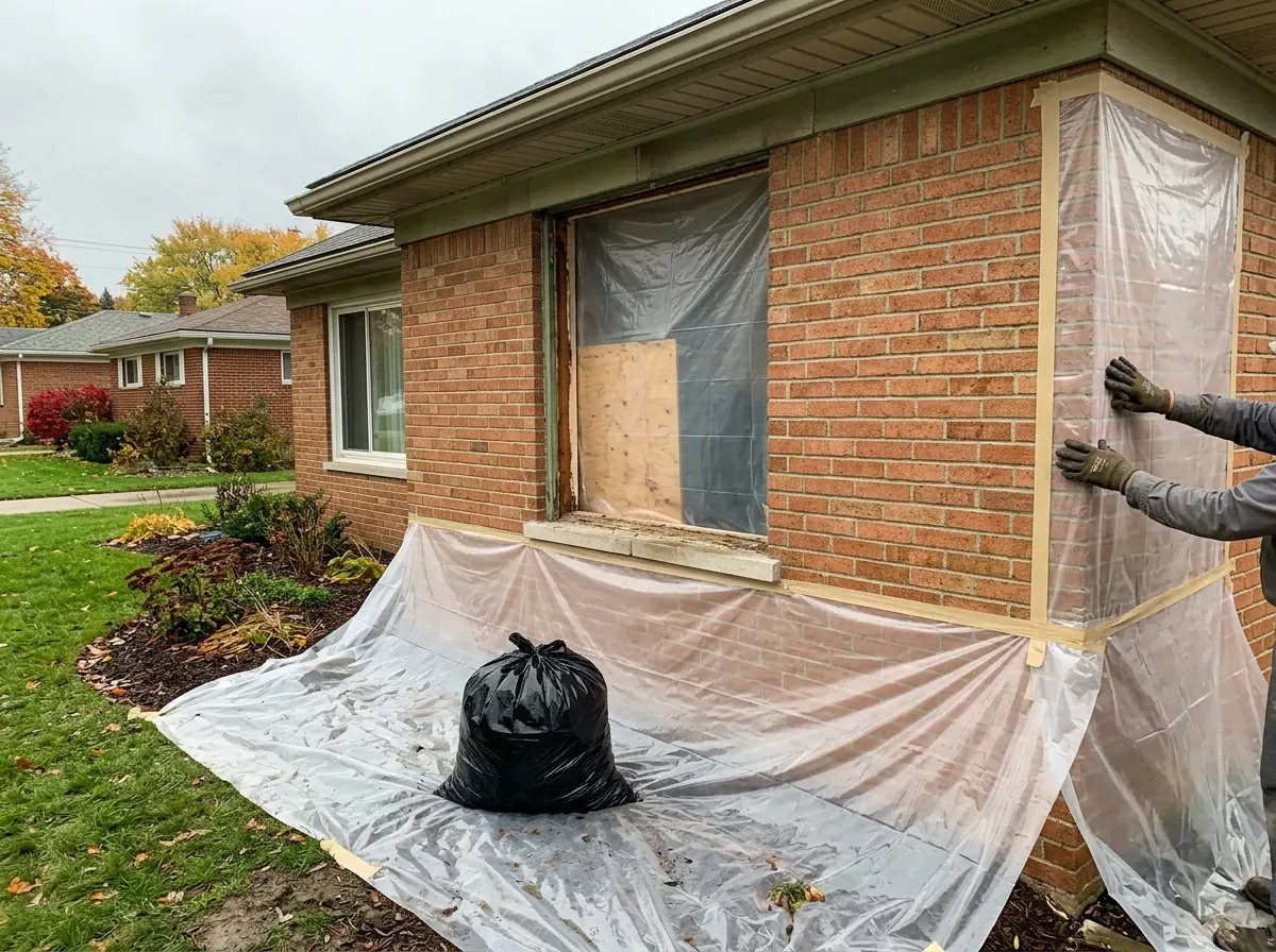 Plastic sheeting taped to the ground and spread out below a ground-floor window of a brick ranch house during window removal