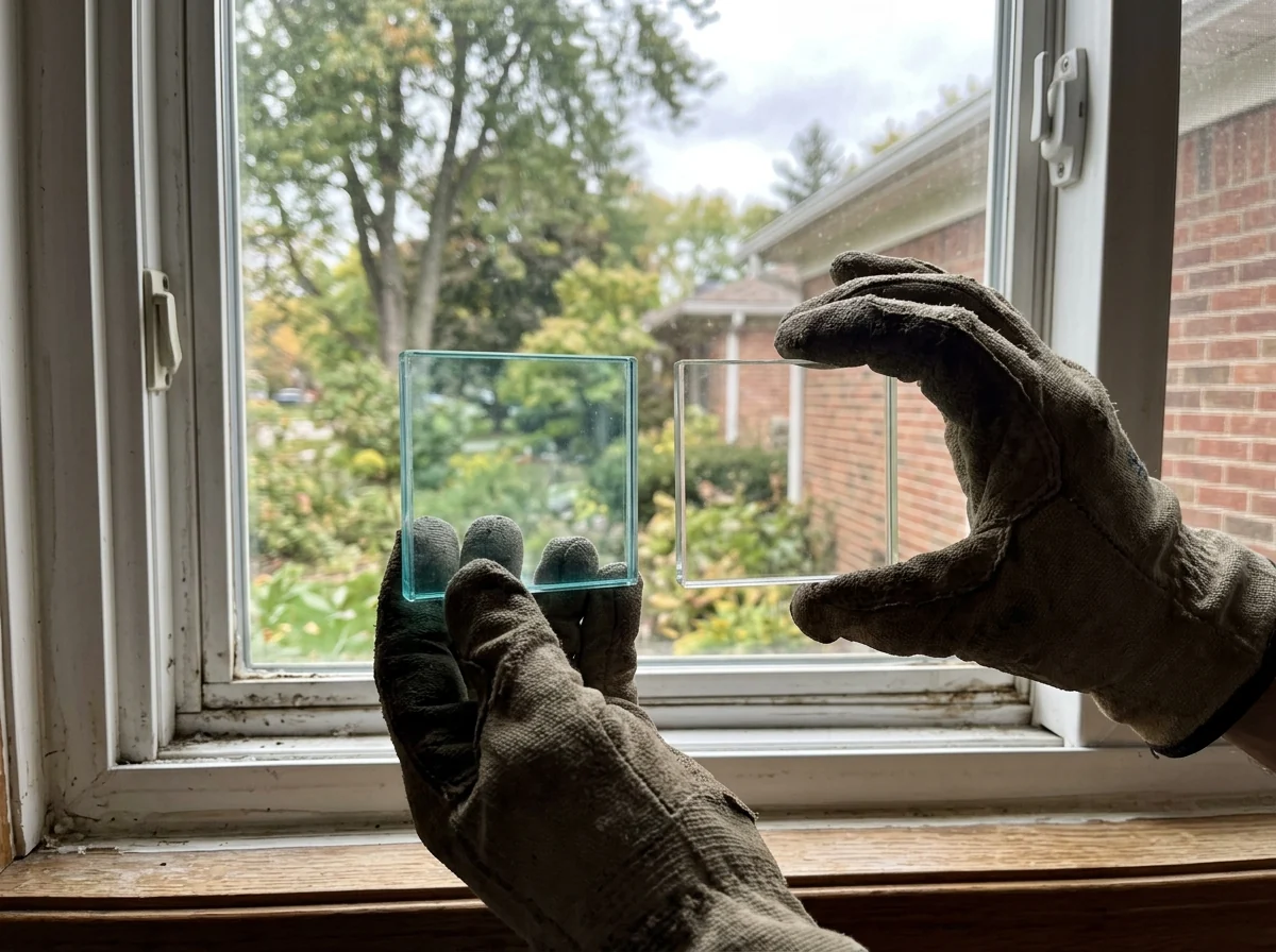 Two glass samples held side by side, one with a faint blue tint and one nearly clear, against a white window frame