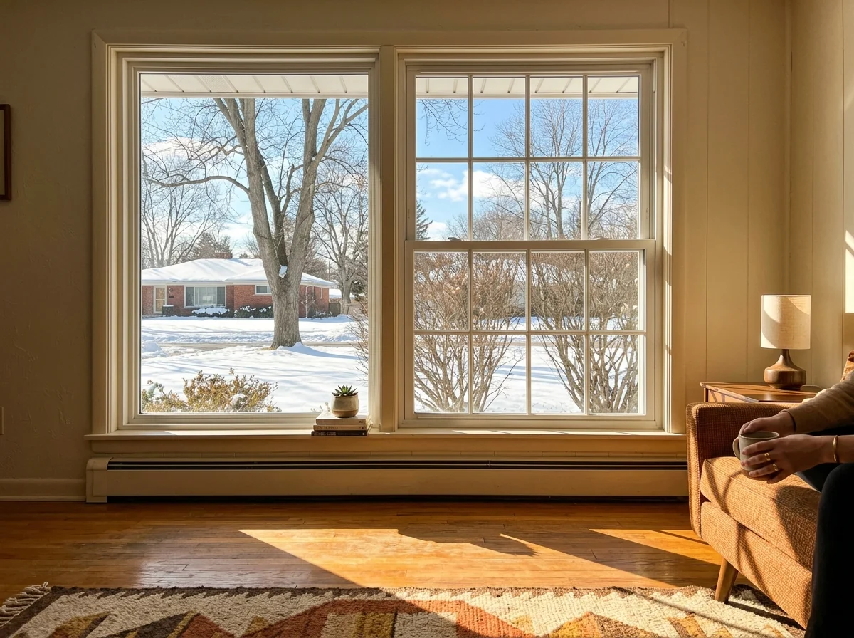 Sunlit south-facing living room window with clear low-E glass and winter sunlight falling across a wood floor