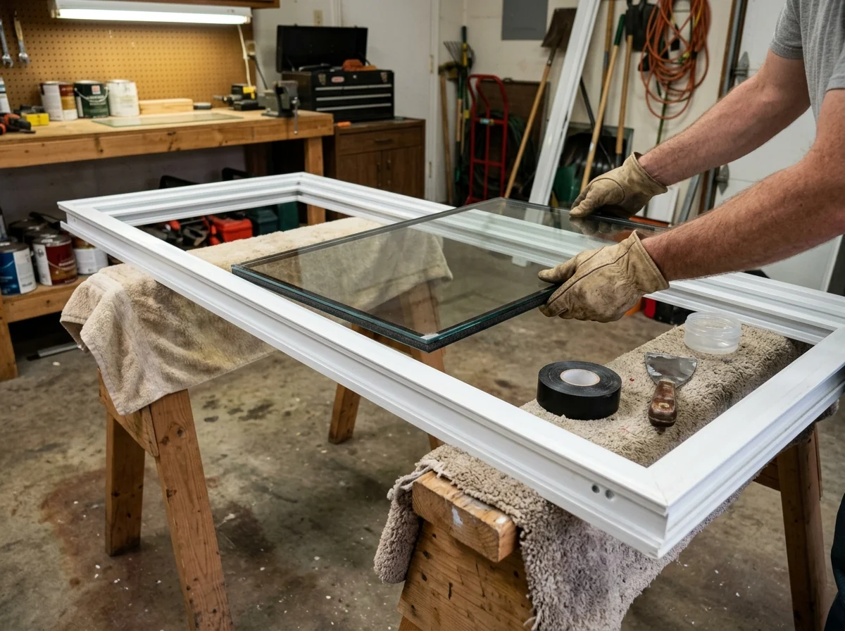 Technician's gloved hands setting a new insulated glass unit into a sliding patio door panel laid flat on padded sawhorses