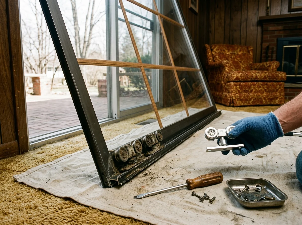 Sliding patio door panel lifted out of its frame and leaning on a drop cloth, with the worn bottom rollers exposed