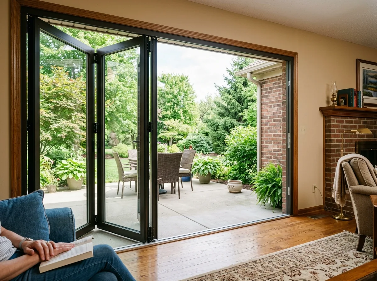 Multi-panel aluminum bifold patio door folded open against one side of a wide opening onto a concrete patio