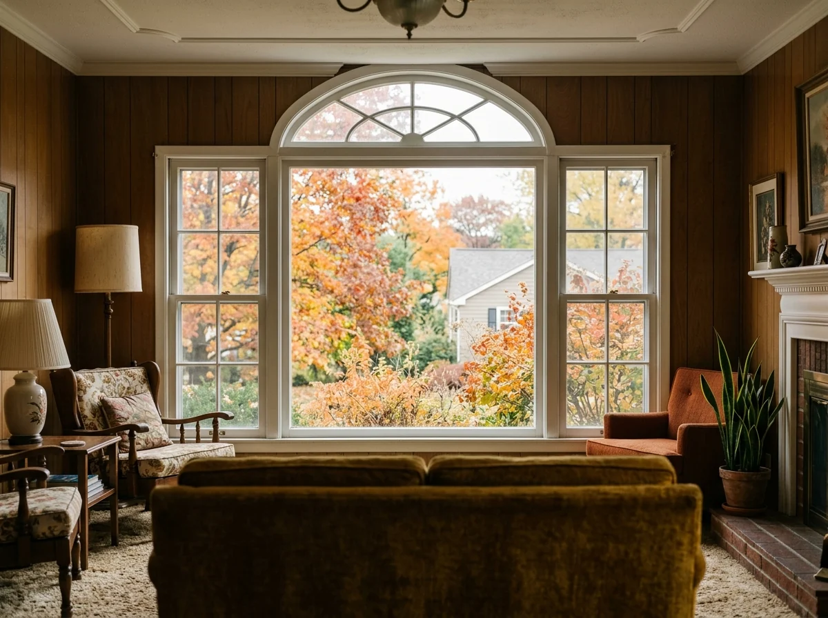 Large picture window with an arched transom above, flanked by two double-hung windows in a living room