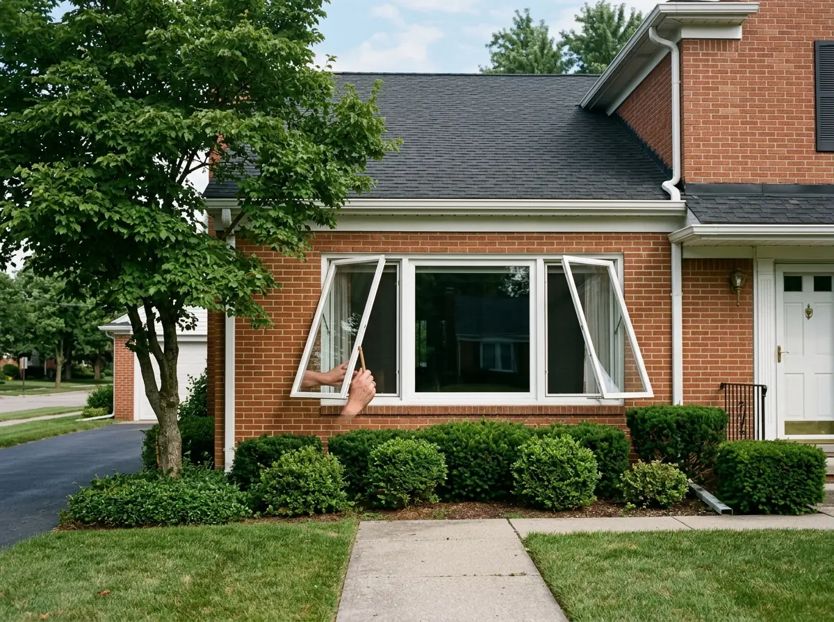 Wide picture window joined between two white casement windows, both side sashes cranked open