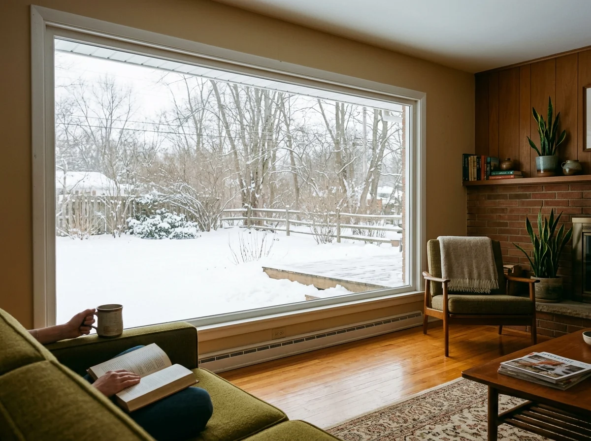 Large single-pane picture window in a living room framing a snowy back yard