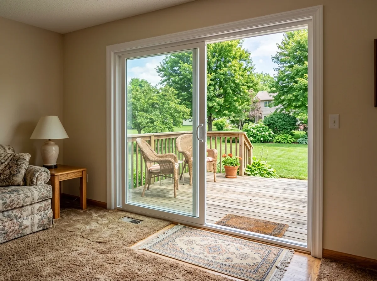 Two-panel white sliding glass patio door opening onto a wooden deck
