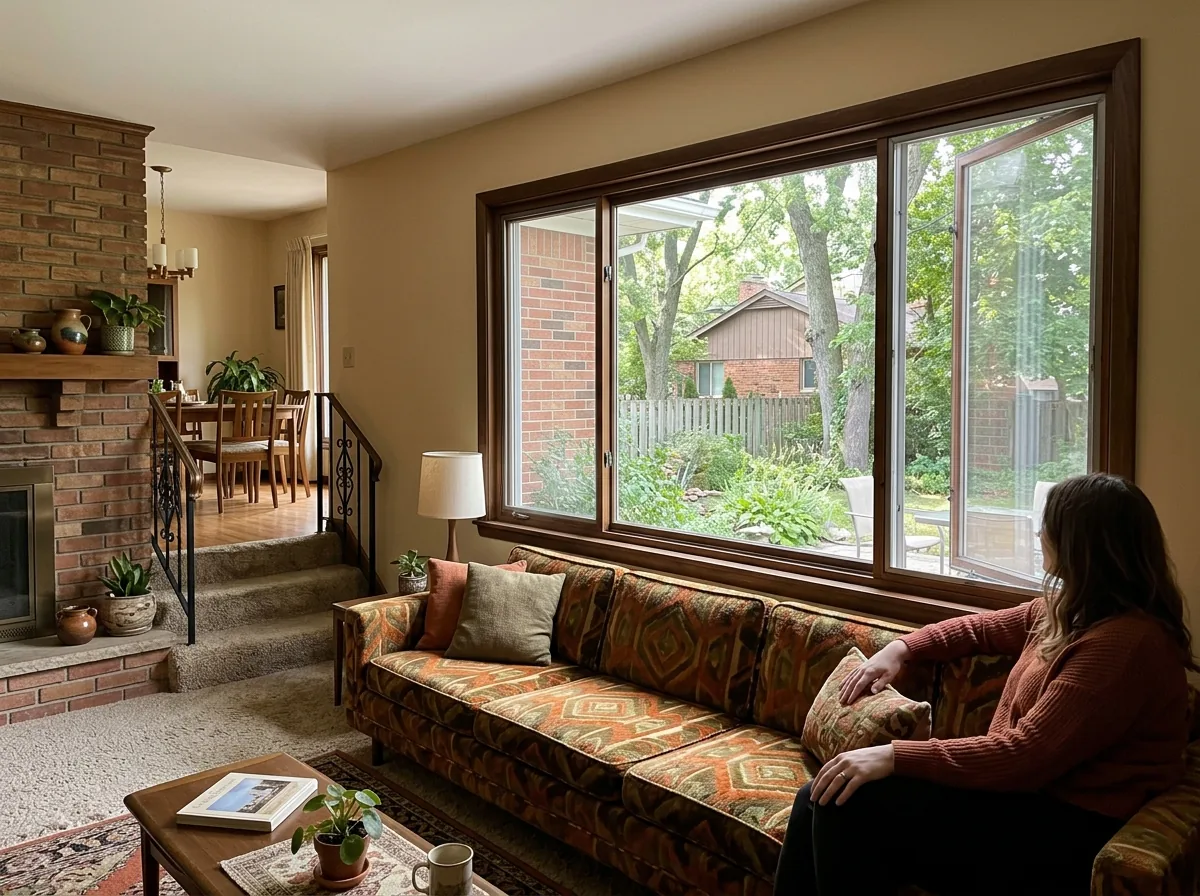 Wide three-panel end-vent sliding window with a large fixed center pane and two smaller sliding sashes at the ends