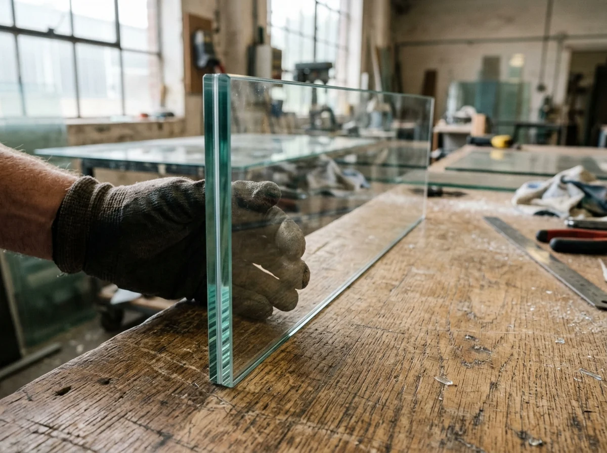 Close-up of the edge of a laminated glass pane showing two glass layers bonded by a thin clear interlayer, resting on a workbench