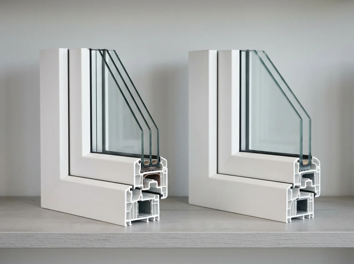 Cross-section sample of a triple-pane window frame showing three panes of glass, sitting beside a thicker laminated double-pane sample on a showroom shelf