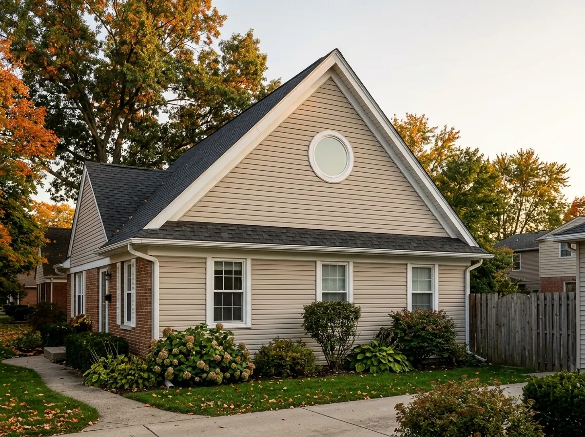 Round fixed window with a white frame set high in a gable wall of a sided house