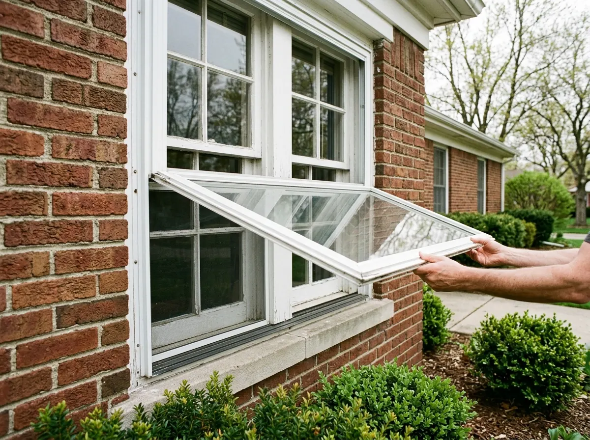 White aluminum triple-track storm window mounted over an old wood double-hung window on a brick ranch house, lower glass panel raised and screen showing