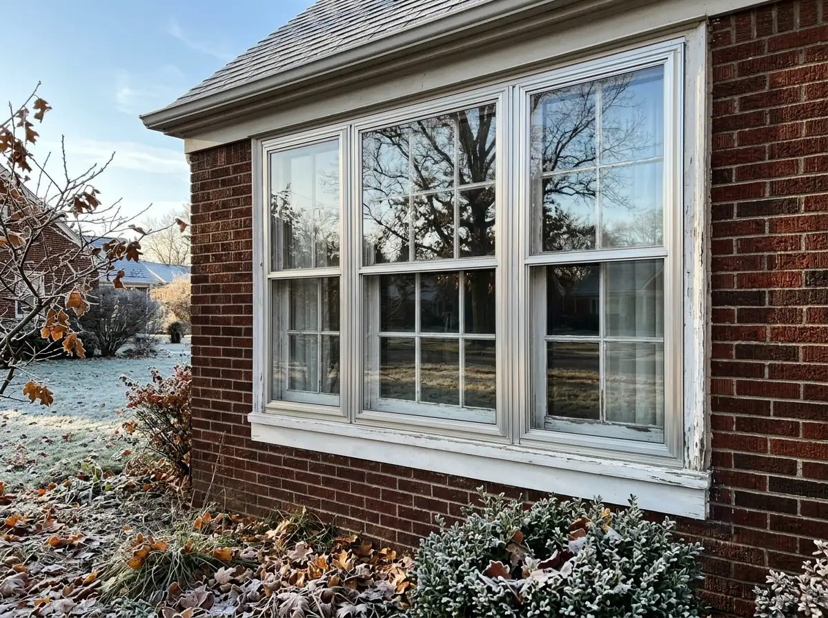 Low-E storm window panel with a faint coating sheen installed over an old wood window, frost on the lawn outside