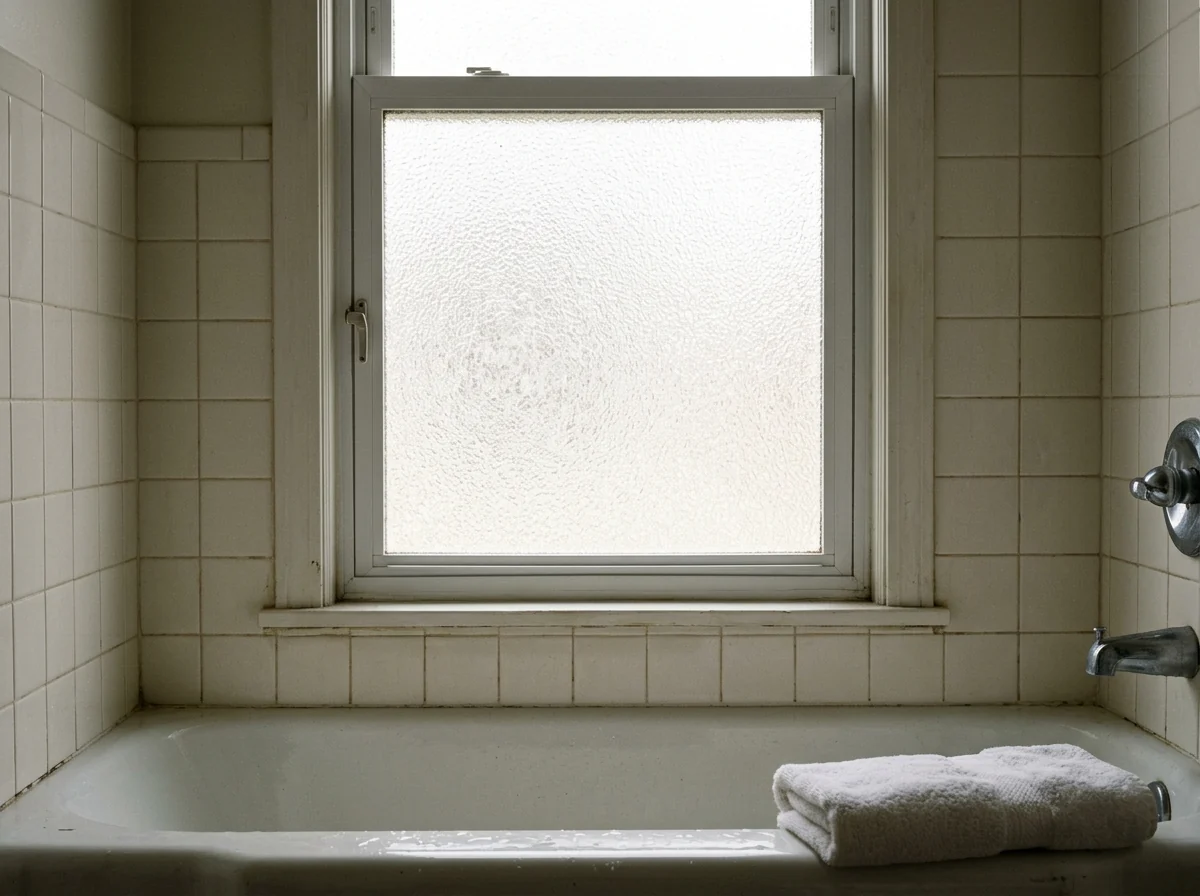 Bathroom window with frosted textured glass softly lit by daylight, above a white bathtub with tile surround
