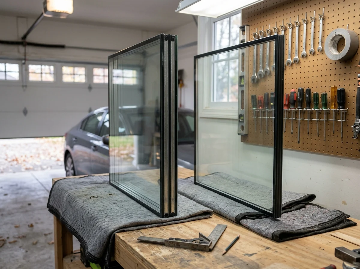 Two window glass units side by side on a workbench, one noticeably thicker than the other