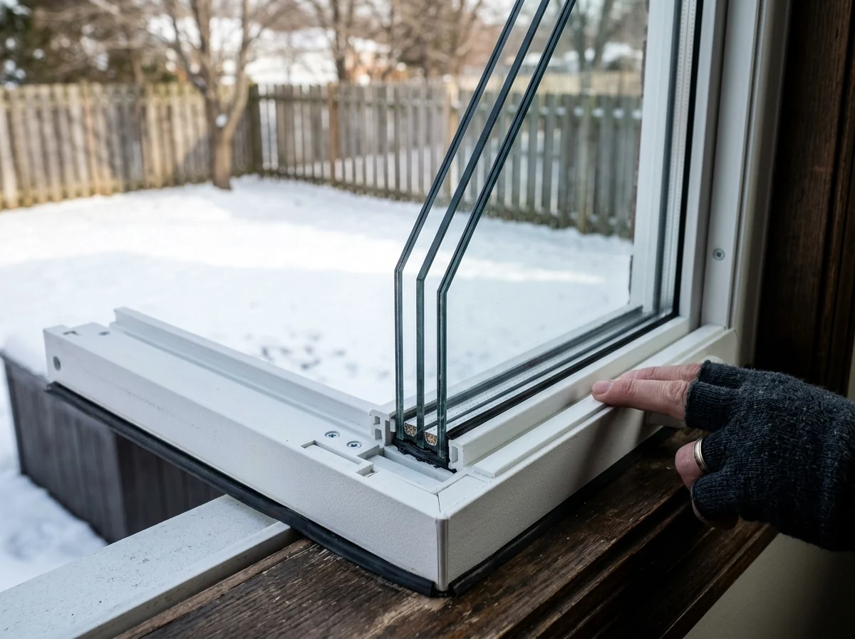 Corner of a thick triple-pane window sash showing three panes of glass, set in a white frame