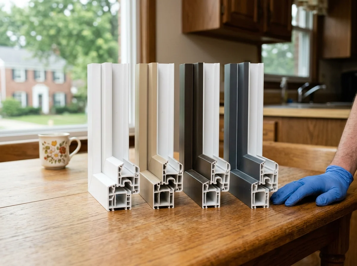 Row of vinyl window corner samples in white, tan, bronze and dark grey exterior finishes on a table