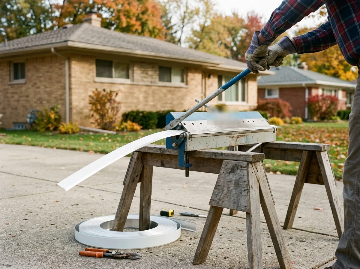 Sheet of white aluminum trim coil being bent on a portable sheet metal brake set up on sawhorses in a driveway