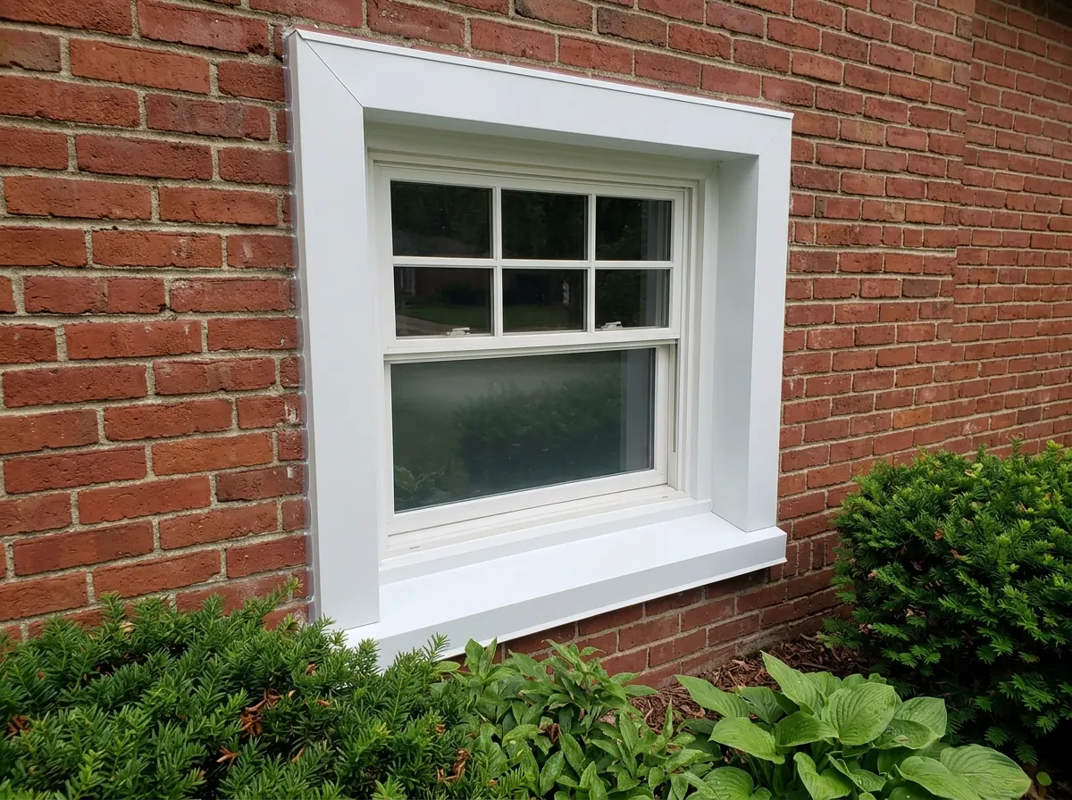 Window in a red brick wall with its wide wood brickmould and sill freshly wrapped in white aluminum capping