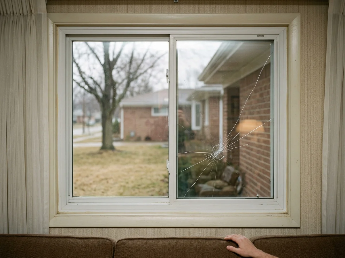 Cracked double-pane insulated glass unit with a spiderweb break on the inner pane, still set in a white vinyl casement sash