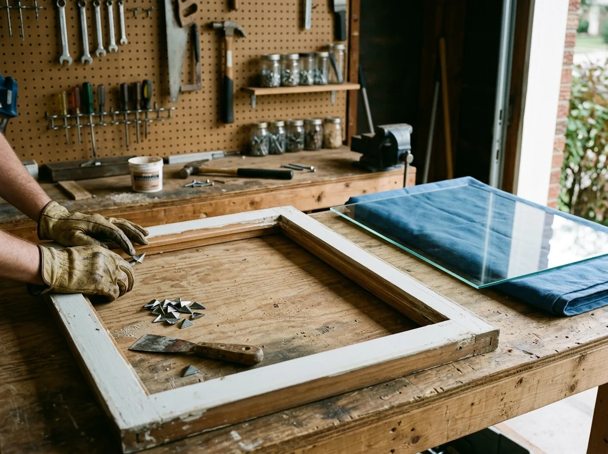 Wood window sash on a workbench with the broken pane removed, old putty scraped from the rabbet and a new pane of clear glass beside it