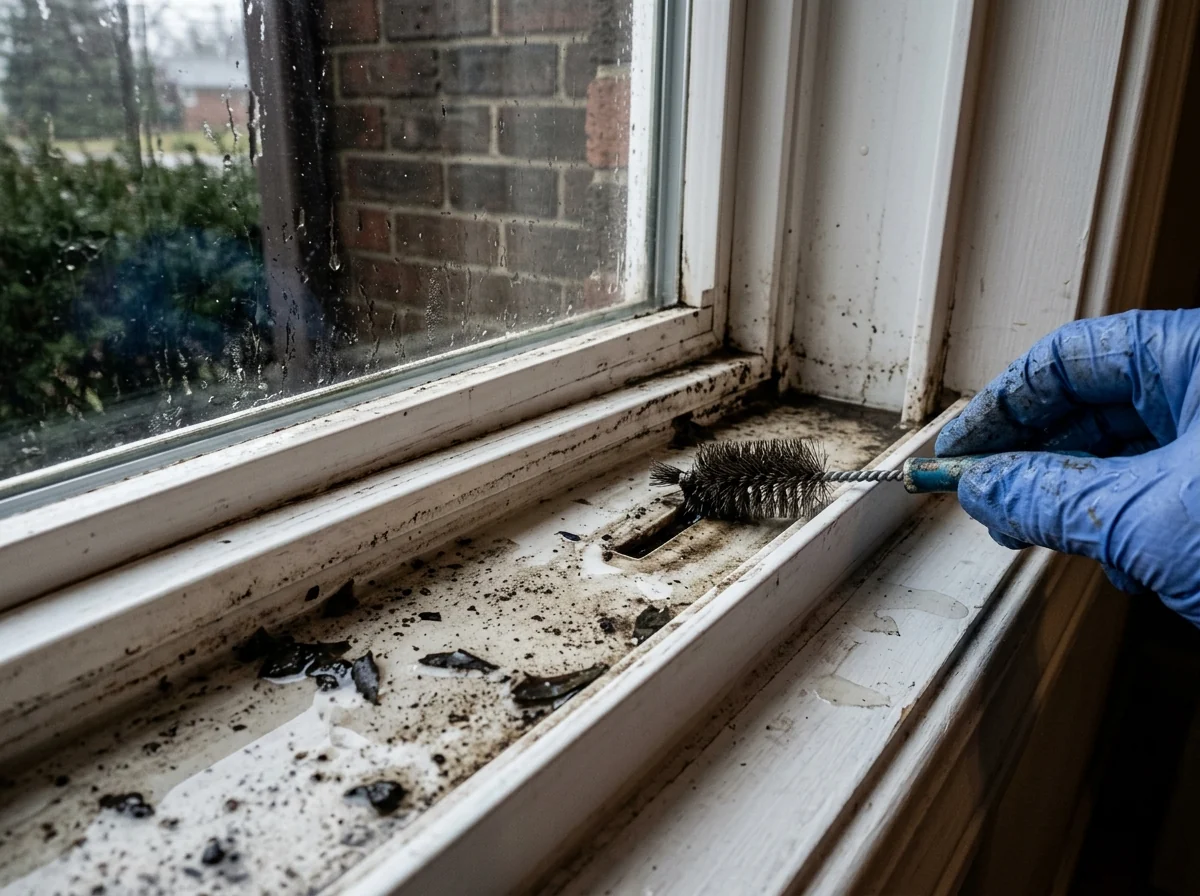 Bottom track of a white vinyl sliding window with water pooled in the sill track and a small brush clearing a weep slot
