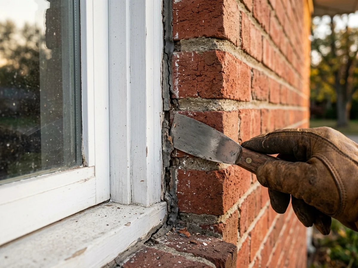 Close-up of cracked, shrunken caulk pulling away from a window frame and brick opening, with a gloved hand holding a putty knife
